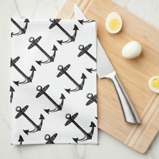 Nautic Black Anchor Pattern Küchentuch (Viertel Falte)