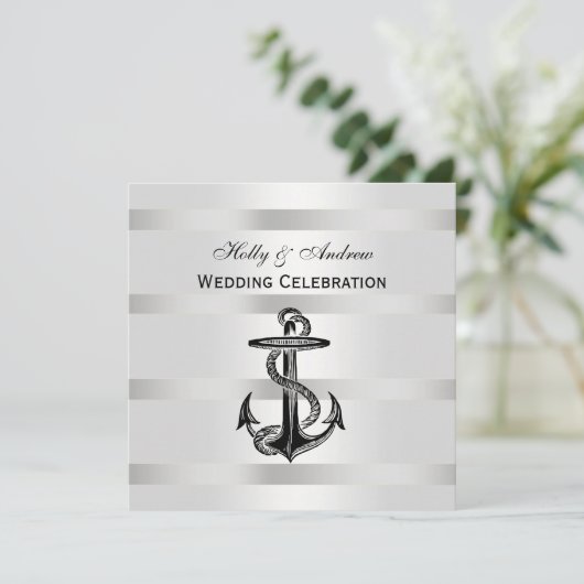 Nautic Black Anchor Silver mit BG SQ Hochzeit Einladung (Stehend Vorderseite)