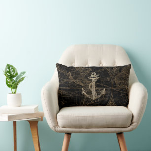 Nautic Black Beige Anchor World Map Throw Kissen