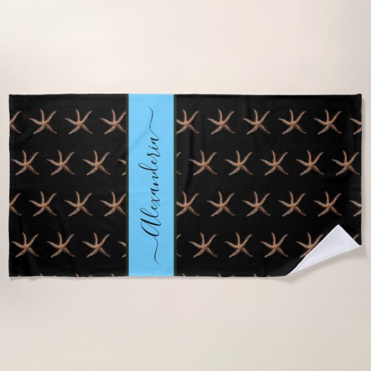 Nautic Black Blue Starfish Personalisiert Strandtuch (Vorderseite)