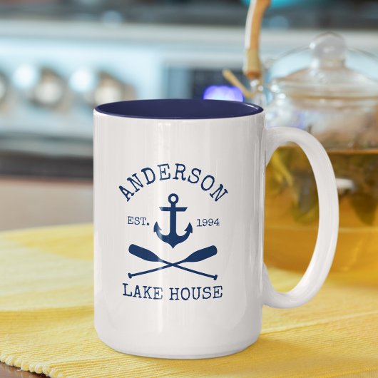 Nautic Blue Anchor Oars Name Lake House Grosses Zweifarbige Tasse