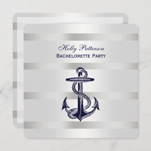 Nautic Blue Anchor Silver Wt BG SQ Bachelorette Einladung (Vorne/Hinten)