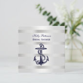 Nautic Blue Anchor Silver Wt BG SQ Brautparty Einladung (Stehend Vorderseite)