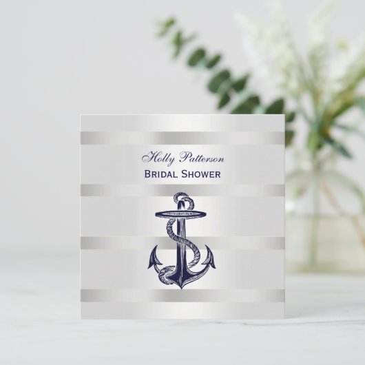 Nautic Blue Anchor Silver Wt BG SQ Brautparty Einladung (Stehend Vorderseite)