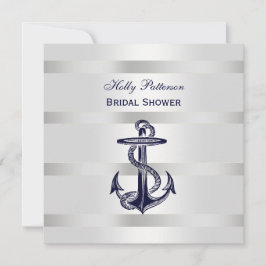 Nautic Blue Anchor Silver Wt BG SQ Brautparty Einladung