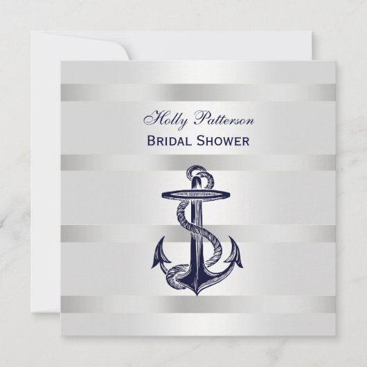 Nautic Blue Anchor Silver Wt BG SQ Brautparty Einladung (Vorderseite)