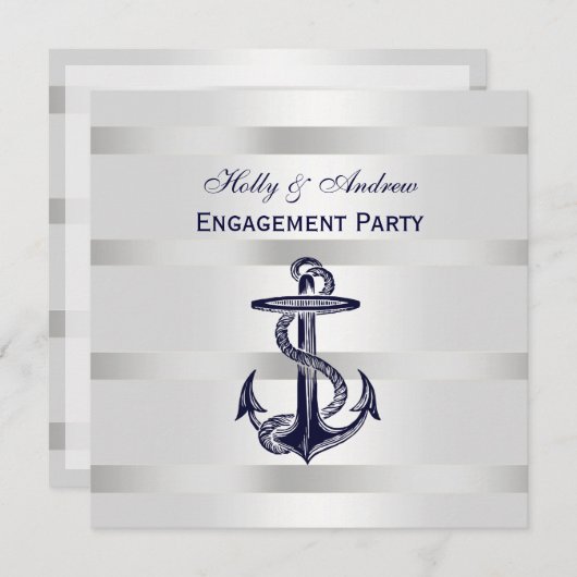 Nautic Blue Anchor Silver Wt BG SQ Verlobung Einladung (Vorne/Hinten)