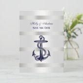 Nautic Blue Anchor Silver Wt BG V Save the Date Einladung (Stehend Vorderseite)