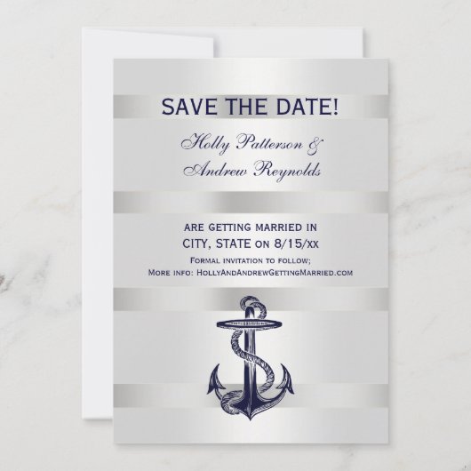 Nautic Blue Anchor Silver Wt BG V Save the Date Einladung (Rückseite)