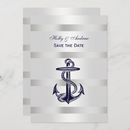 Nautic Blue Anchor Silver Wt BG V Save the Date Einladung (Vorne/Hinten)