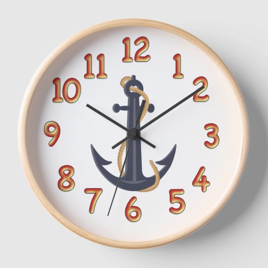 Nautic Blue Anchor Wall Clock Natural Wood Frame Uhr (Vorderseite)