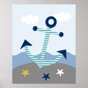 Nautic Blue Aquamarin Grau Anchor Kinderzimmer Pri Poster