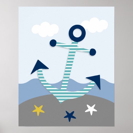 Nautic Blue Aquamarin Grau Anchor Kinderzimmer Pri Poster (Vorne)