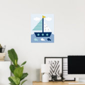 Nautic Blue Aquamarin Grau Sailboat Kinderzimmer P Poster (Heimbüro)
