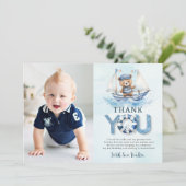 Nautic Blue Boat Teddy Bear Boy Birthday Foto Dankeskarte (Stehend Vorderseite)