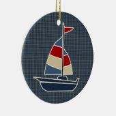Nautic Blue, Red, Cream Sailboat Custom Keramikornament (Rechts)