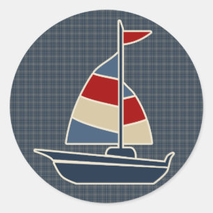 Nautic Blue, Red, Cream Sailboat Custom Runder Aufkleber