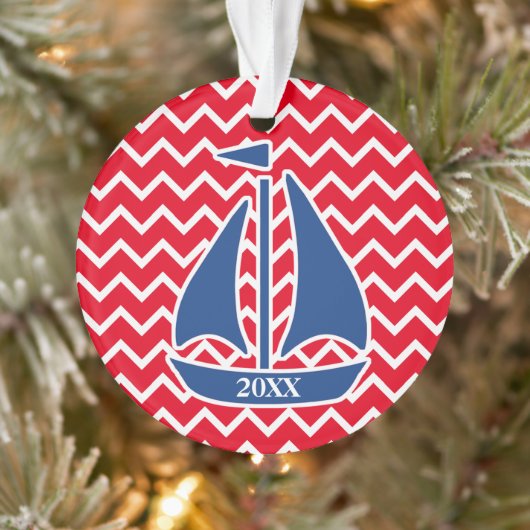 Nautic Blue Sailboat Custom Zickzack Muster Ornament (Baum)