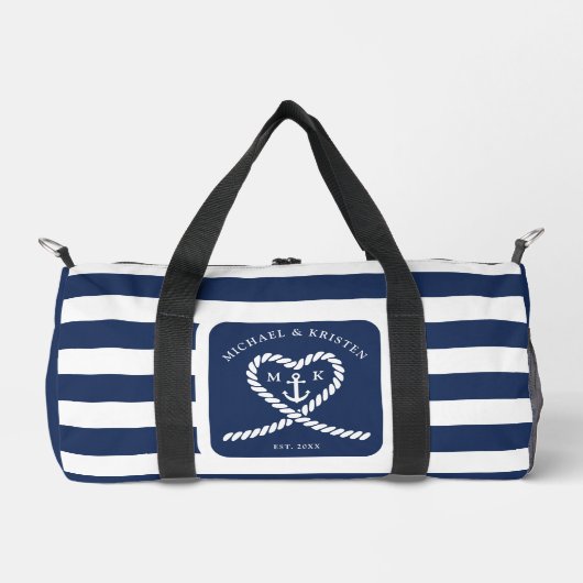 Nautic Blue Striped Rope Heart Anchor Hochzeit Duffle Bag (Vorderseite)