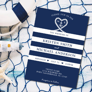 Nautic Blue Striped Rope Heart Anchor Hochzeit Einladung