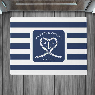 Nautic Blue Striped Rope Heart Anchor Hochzeit Fußmatte