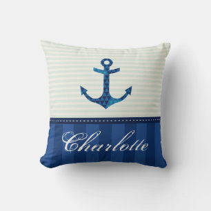 Nautic Blue Stripes Muster Anker Individuelle Name Kissen