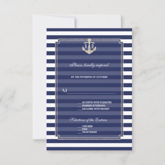 Nautic Blue Stripes Silver Anchor Wedding RSVP (Vorderseite)