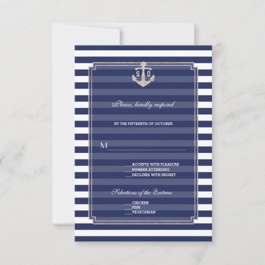 Nautic Blue Stripes Silver Anchor Wedding RSVP Karte (Vorderseite)