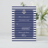 Nautic Blue Stripes Silver Anchor Wedding RSVP Karte (Stehend Vorderseite)