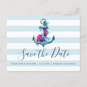 Nautic Blue Watercolor Anker Save the Date Ankündigungspostkarte