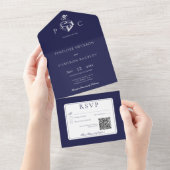 Nautic Blue & White Modern QR Code All In One Einladung (Abreißen)