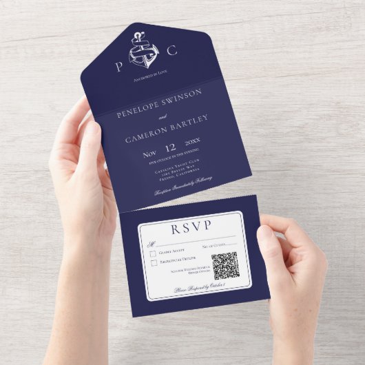 Nautic Blue & White Modern QR Code All In One Einladung (Abreißen)