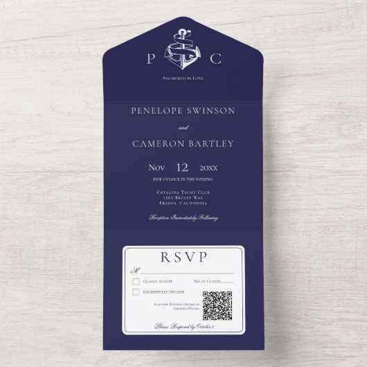Nautic Blue & White Modern QR Code All In One Einladung (Innen Boden)