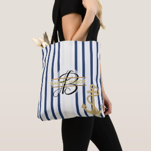 Nautic Blue White Strip MONOGRAM Tote Bag Tasche