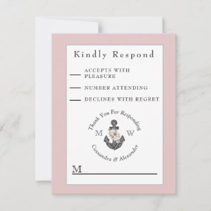 Nautic Blush Pink Blues Anchor Hochzeit RSVP Karte