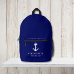 Nautic Boat Anchor Captains Navy Blue Bedruckter Rucksack<br><div class="desc">Navy Rucksack zum Thema Navy zum behalt Ihrer Bootsartikel mit einem klassischen weißen Anker,  dem Namen und der Lage Ihres Bootes und einer zusätzlichen Textzeile für den Namen des Kapitäns oder der Familie.</div>