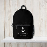 Nautic Boat Anchor Kapitän Black Bedruckter Rucksack<br><div class="desc">Black nautical-themed Rucksack zum behalt Ihres Bootes mit einem klassischen weißen Anker,  dem Namen und der Lage Ihres Bootes und einer zusätzlichen Textzeile für den Namen des Kapitäns oder der Familie.</div>