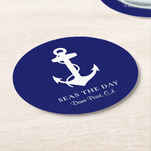 Nautic Boat Anchor Navy Blue Runder Pappuntersetzer (Angewinkelt)