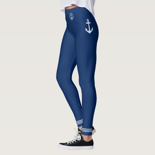 Nautic Boat Anchor White Stripes Navy Blue Leggings (Links)