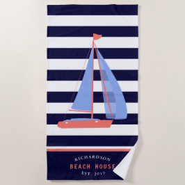 Nautic Boat Family Name Navy Blue Beach House Strandtuch
