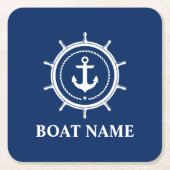 Nautic Boat Name Anchor Rope Helm Navy Blue Rechteckiger Pappuntersetzer (Vorderseite)