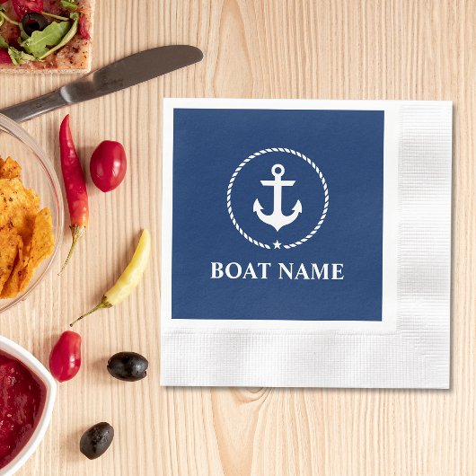 Nautic Boat Name Anchor Rope Navy Blue Cocktail Serviette