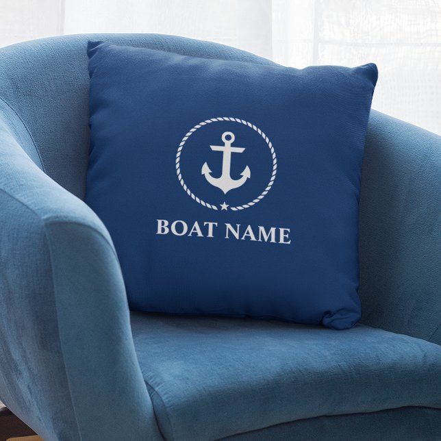 Nautic Boat Name Anchor Rope Navy Blue Kissen (Customize to change text size or text style.)