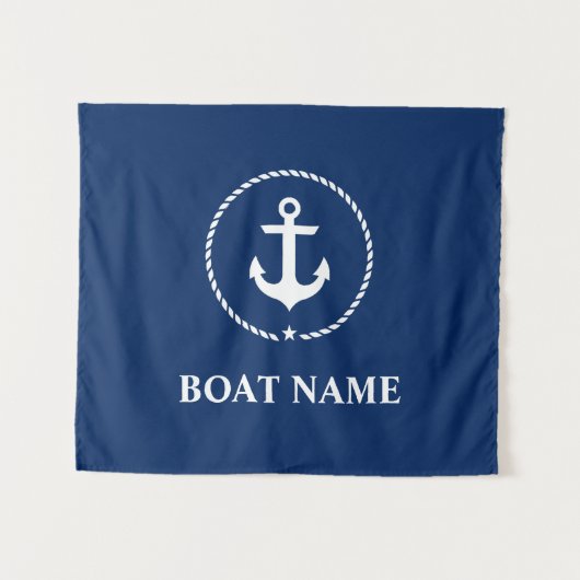 Nautic Boat Name Anchor Rope Navy Blue Wandteppich (Vorderseite (Horizontal))