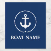Nautic Boat Name Anchor Rope Navy Blue Weinetikett (Einzelnes Label)