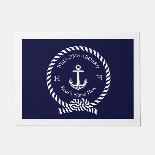Nautic Boat Name Anchor Rope Navy Blue Willkommen Fußmatte (Vorderseite)