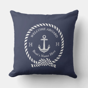 Nautic Boat Name Anchor Rope Navy Blue Willkommen Kissen