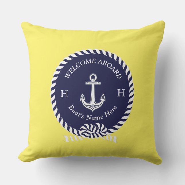 Nautic Boat Name Anchor Rope Navy Blue Willkommen Kissen (Vorderseite)