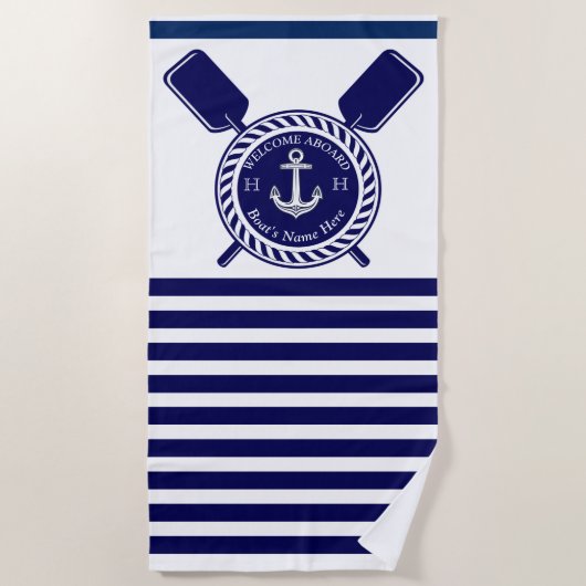 Nautic Boat Name Anchor Rope Navy Blue Willkommen Strandtuch (Vorderseite)