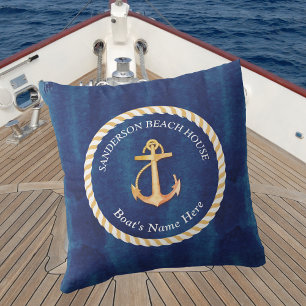 Nautic Boat Name Anchor Rope Navy Blue Yellow Kissen